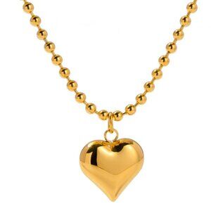 Waterproof Heart‎ Pendant Small Bead Stainless Steel Necklace 18K Gold Plated